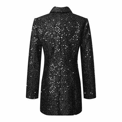 Women Bling Bling Sequined Black Long Blazer