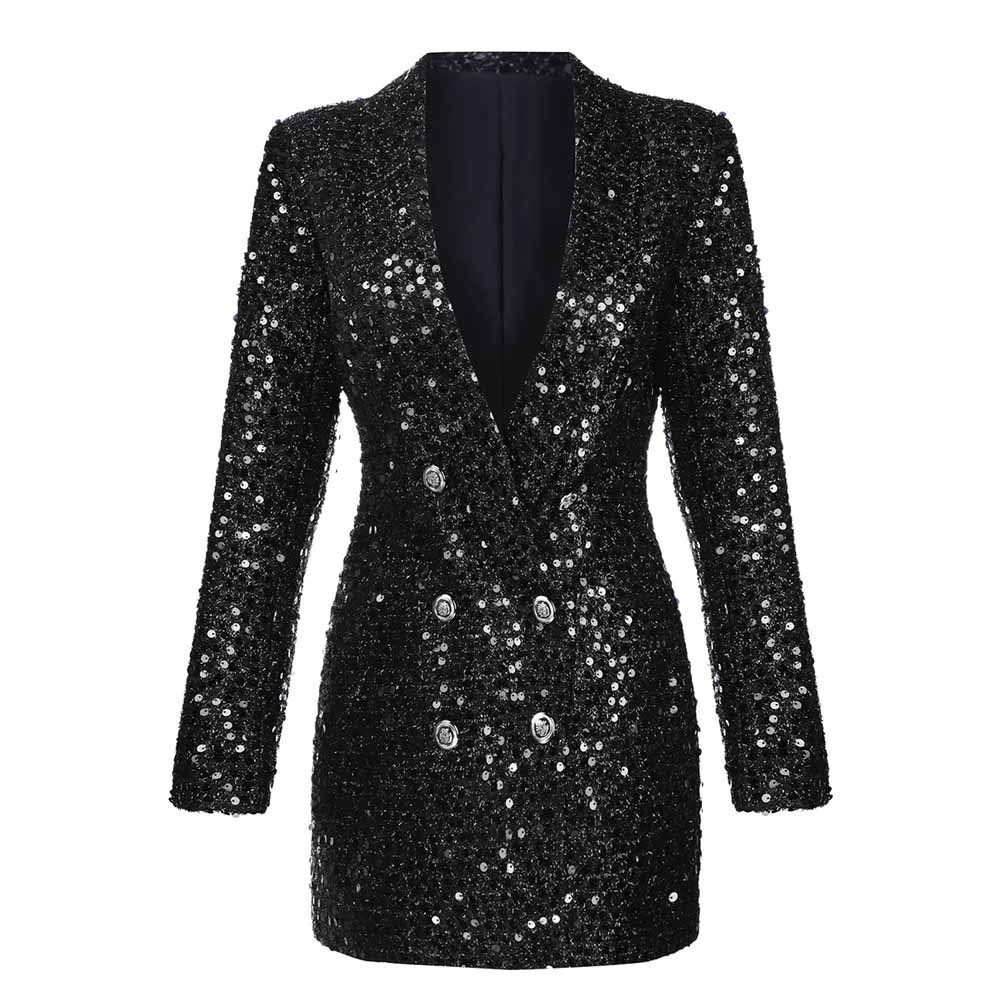 Women Bling Bling Sequined Black Long Blazer