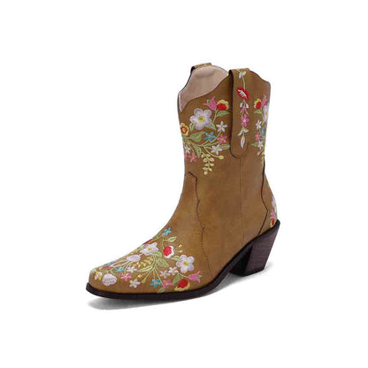 Women's Embroidered Western Short Cowgirl Boots Chunky Heel Boots