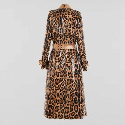 Women Animal Print Formal Coat In Brown Leopard Print Belted Trench Coat