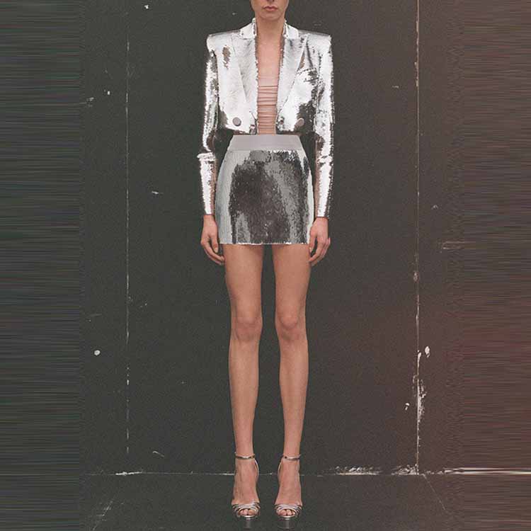 Women Sequin Silver V-Neck Long Sleeve Skirt Suit Clubwear Two Pieces BLING BLING Party Suits