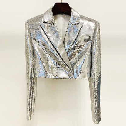 Women Sequin Silver V-Neck Long Sleeve Skirt Suit Clubwear Two Pieces BLING BLING Party Suits
