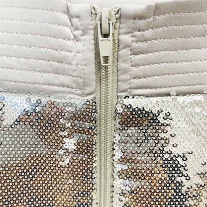 Women Sequin Silver V-Neck Long Sleeve Skirt Suit Clubwear Two Pieces BLING BLING Party Suits