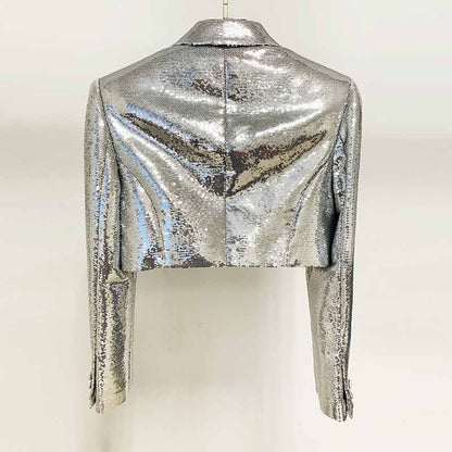 Women Sequin Silver V-Neck Long Sleeve Skirt Suit Clubwear Two Pieces BLING BLING Party Suits