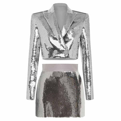 Women Sequin Silver V-Neck Long Sleeve Skirt Suit Clubwear Two Pieces BLING BLING Party Suits