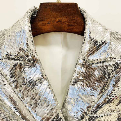 Women Sequin Silver V-Neck Long Sleeve Skirt Suit Clubwear Two Pieces BLING BLING Party Suits