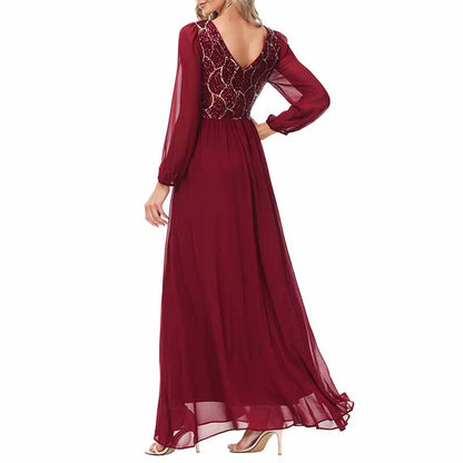 Women's Wine red Long Sleeve Bridesmaid Dress Evening Maxi Dress