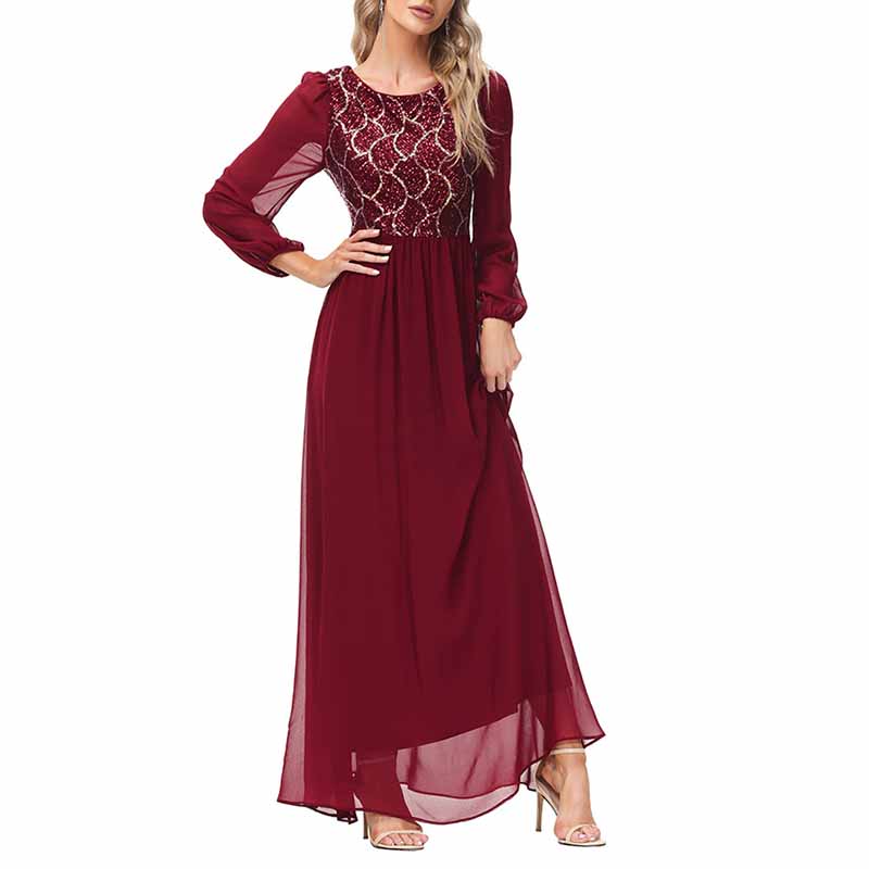 Women's Wine red Long Sleeve Bridesmaid Dress Evening Maxi Dress