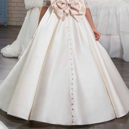 Flower Girl Dress Sheer Neck Satin Holy Communion Ball Gowns Elegant