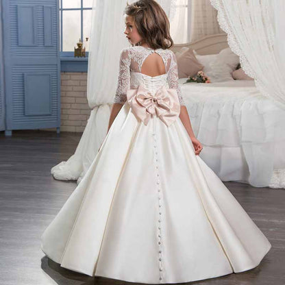 Flower Girl Dress Sheer Neck Satin Holy Communion Ball Gowns Elegant