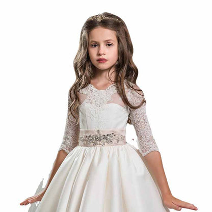 Flower Girl Dress Sheer Neck Satin Holy Communion Ball Gowns Elegant