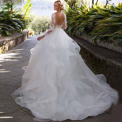 A-Line/Princess Tulle Lace V-neck Long Sleeve Sweep Brush Train Wedding Dresses
