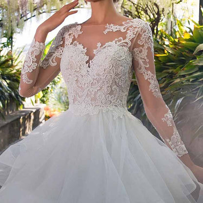 A-Line/Princess Tulle Lace V-neck Long Sleeve Sweep Brush Train Wedding Dresses
