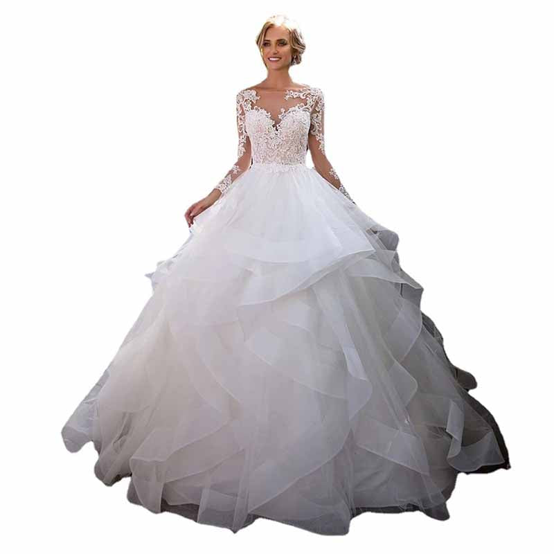 A-Line/Princess Tulle Lace V-neck Long Sleeve Sweep Brush Train Wedding Dresses