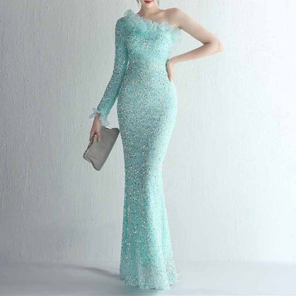Women's One Shoulder Feather Sequin Mermaid Evening Gown Cocktail Long Formal Dress S-4XL