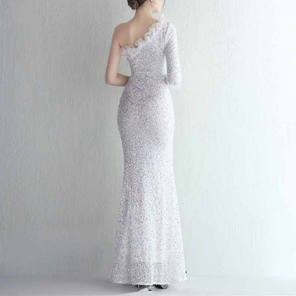 Women's One Shoulder Feather Sequin Mermaid Evening Gown Cocktail Long Formal Dress S-4XL