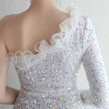 Women's One Shoulder Feather Sequin Mermaid Evening Gown Cocktail Long Formal Dress S-4XL