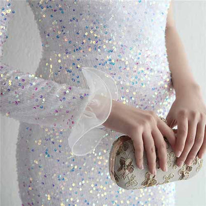 Women's One Shoulder Feather Sequin Mermaid Evening Gown Cocktail Long Formal Dress S-4XL