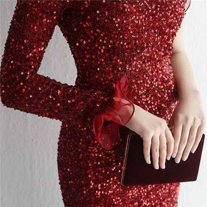 Women's One Shoulder Feather Sequin Mermaid Evening Gown Cocktail Long Formal Dress S-4XL