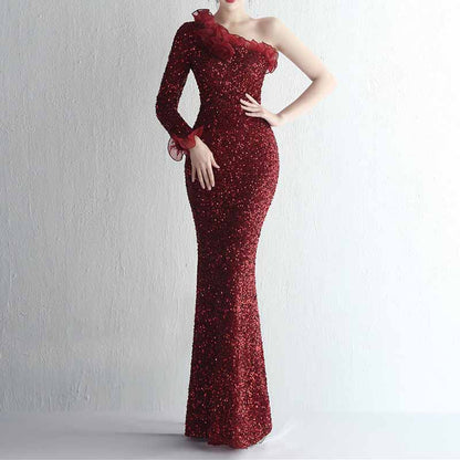 Women's One Shoulder Feather Sequin Mermaid Evening Gown Cocktail Long Formal Dress S-4XL