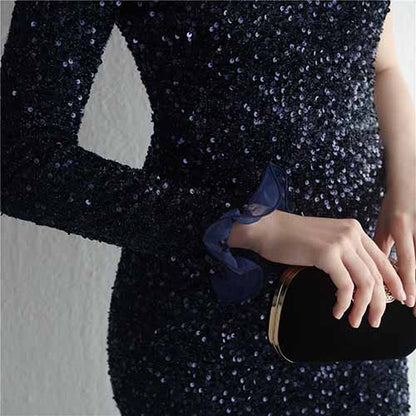 Women's One Shoulder Feather Sequin Mermaid Evening Gown Cocktail Long Formal Dress S-4XL
