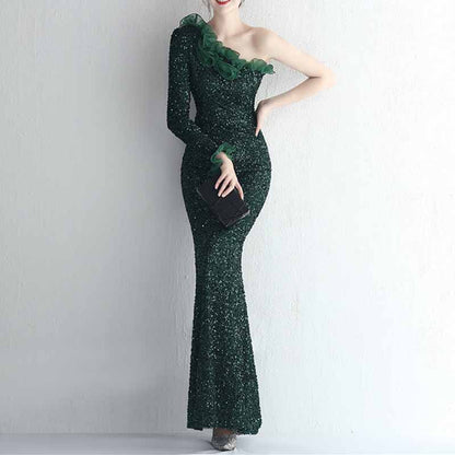Women's One Shoulder Feather Sequin Mermaid Evening Gown Cocktail Long Formal Dress S-4XL