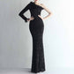 Women's One Shoulder Feather Sequin Mermaid Evening Gown Cocktail Long Formal Dress S-4XL