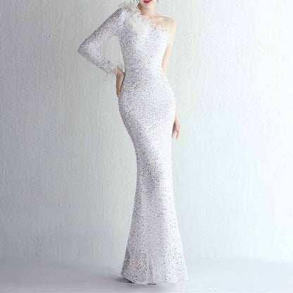 Women's One Shoulder Feather Sequin Mermaid Evening Gown Cocktail Long Formal Dress S-4XL