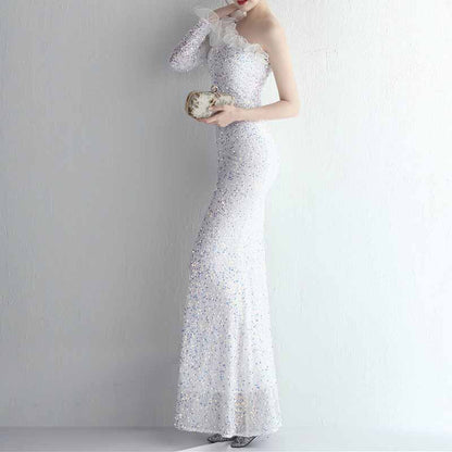 Women's One Shoulder Feather Sequin Mermaid Evening Gown Cocktail Long Formal Dress S-4XL