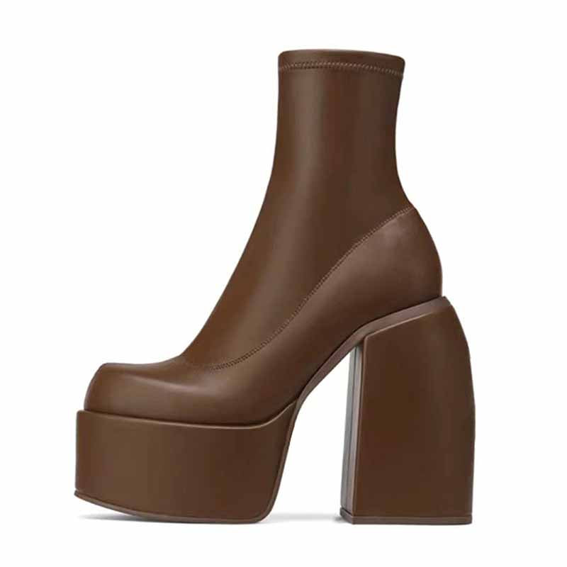 High Heeled Sock Boots Chunky Pull On Boot