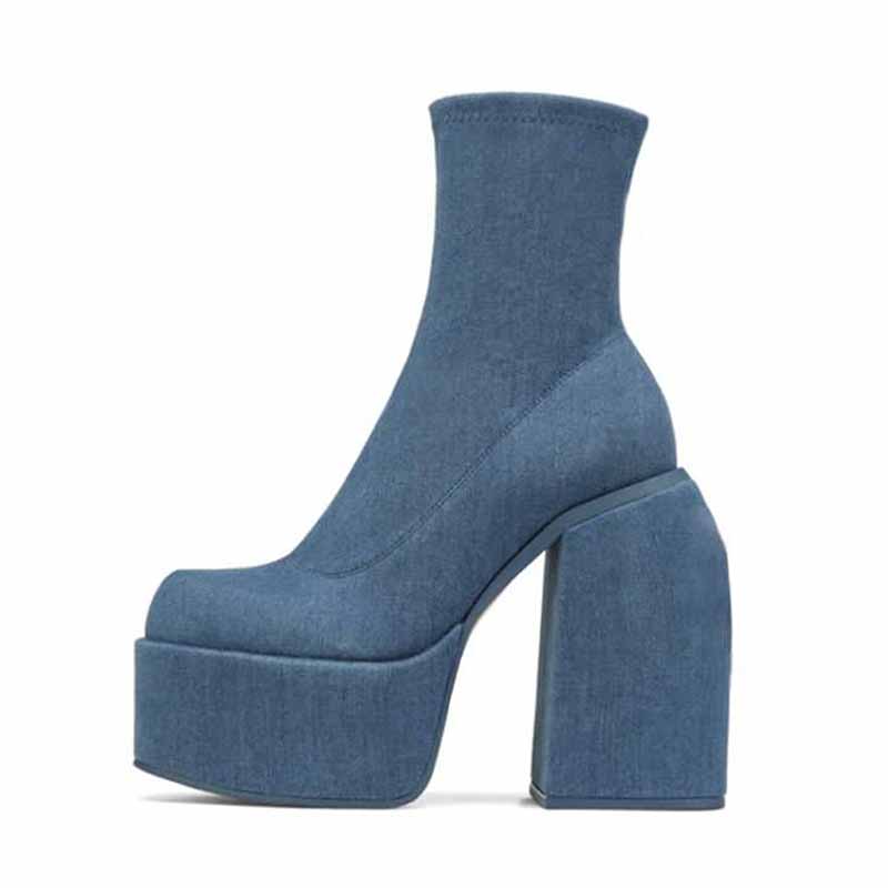 High Heeled Sock Boots Chunky Pull On Boot