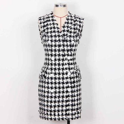Women Houndstooth V Neck Fitted Knitted Dress Mini Vest Dress