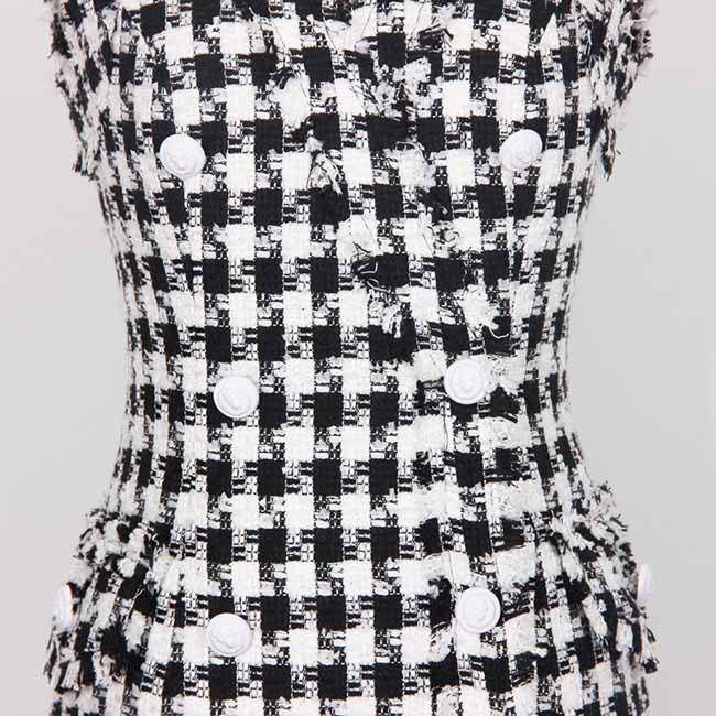 Women Houndstooth V Neck Fitted Knitted Dress Mini Vest Dress