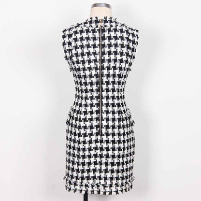 Women Houndstooth V Neck Fitted Knitted Dress Mini Vest Dress