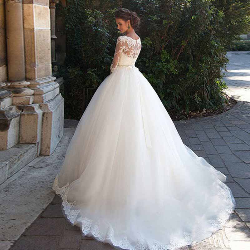A-Line/Princess Tulle Lace V-neck 1/2 Sleeves Sweep Brush Train Wedding Dresses
