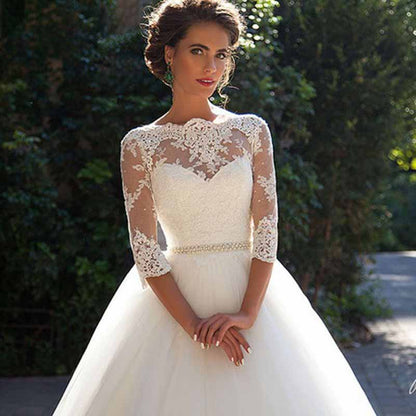 A-Line/Princess Tulle Lace V-neck 1/2 Sleeves Sweep Brush Train Wedding Dresses