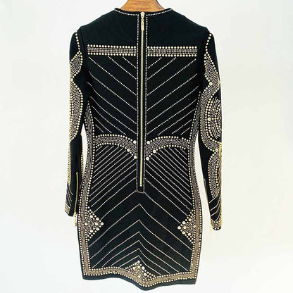 Women Long Sleeve Metal Sheet Bodycon Dress Rhinestone Minidress