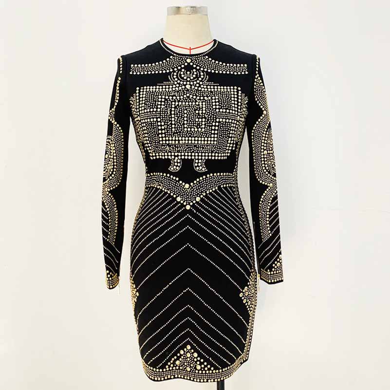 Women Long Sleeve Metal Sheet Bodycon Dress Rhinestone Minidress