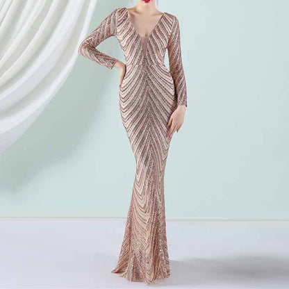 Women's Sequined Long Sleeves Formal Dresses Bling Bling Evening Gown S-4XL