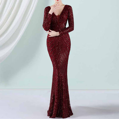 Women's Sequined Long Sleeves Formal Dresses Bling Bling Evening Gown S-4XL