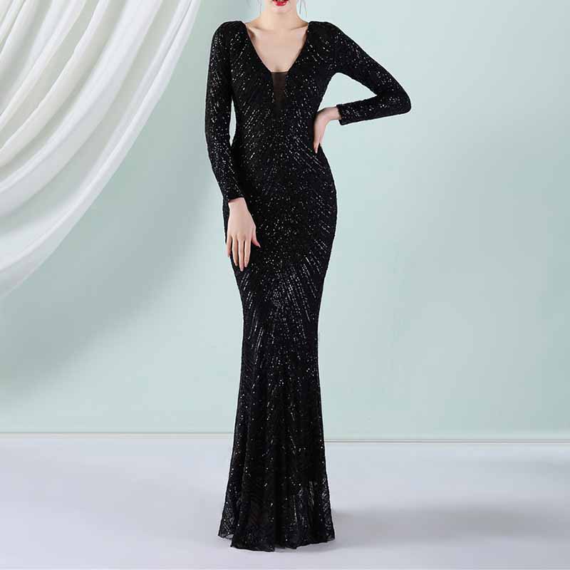 Women's Sequined Long Sleeves Formal Dresses Bling Bling Evening Gown S-4XL