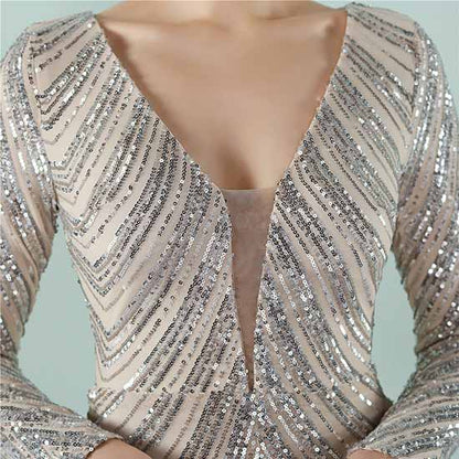 Women's Sequined Long Sleeves Formal Dresses Bling Bling Evening Gown S-4XL