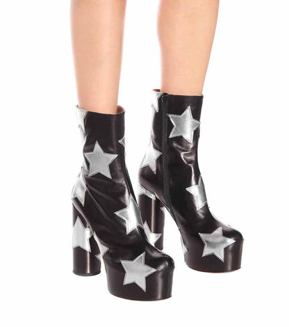Star Sequin Embroidery Embellished Leather Ankle Boots