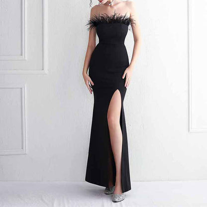 Women Wedding Party Dress High Split Feather Evening Prom Evening Dress