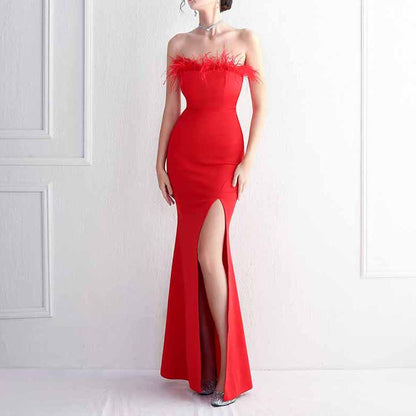 Women Wedding Party Dress High Split Feather Evening Prom Evening Dress