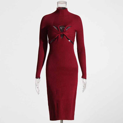 Pleated Turtle-neck Tight-fitting Bodycon Dress