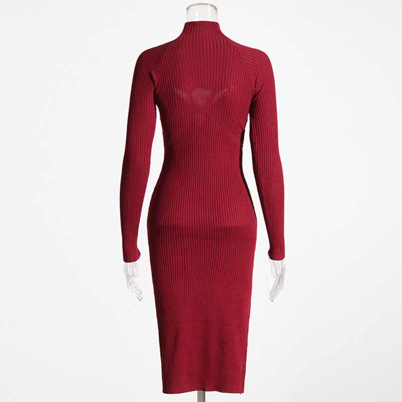 Pleated Turtle-neck Tight-fitting Bodycon Dress