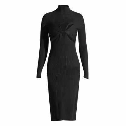 Pleated Turtle-neck Tight-fitting Bodycon Dress