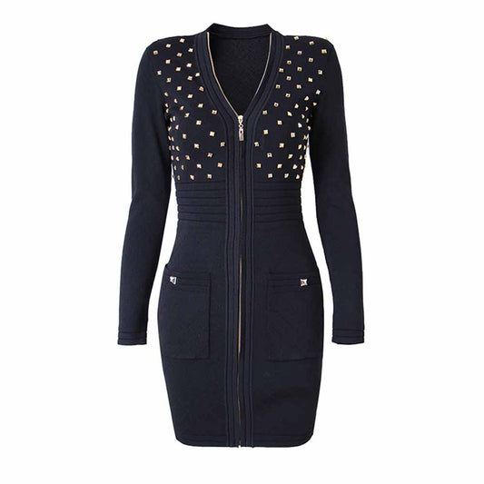 Women's long sleeve knitted minidress zipper elegant dress