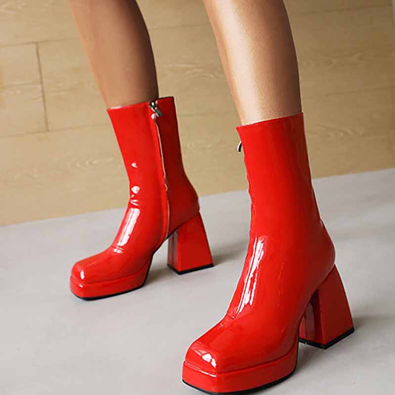 Women's Patent Leather PU Booties Low Mid Block Heel Ankle Boots